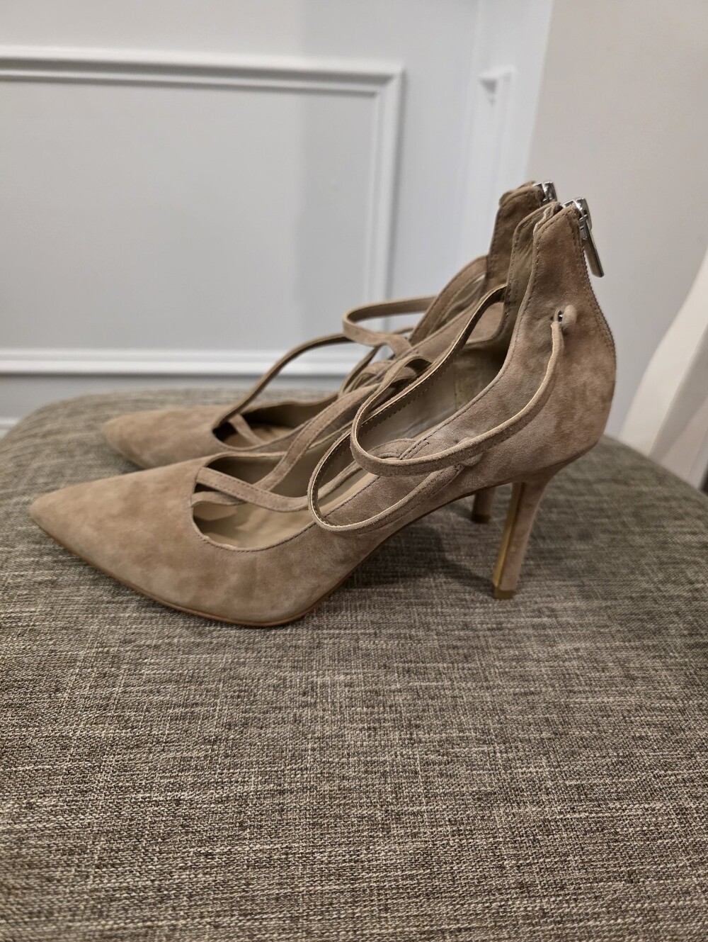 Saks Fifth Avenue Beige Suede Pointed Toe Strappy Pumps Size 9.5